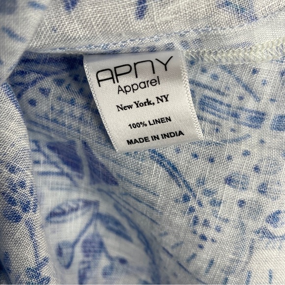 APNY 100% Linen Button Down Tunic Blue Coastal Print Size M Beachy Vacation - Picture 7 of 7